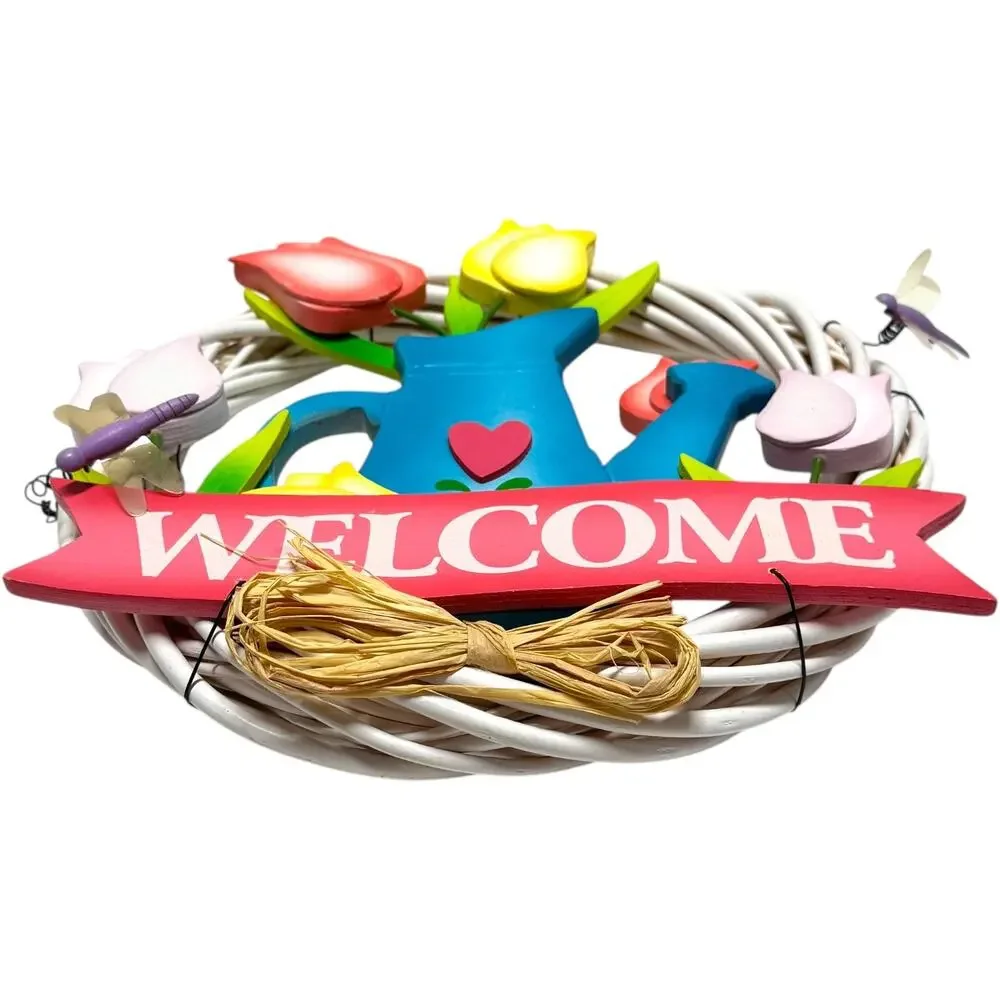 Welcome Wreath Door Hanger Tulip Pink Blue Yellow 12 inch